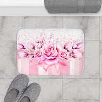 Bath Mat -  Blush Ribbons & Roses - Glam Watercolor Floral Stripes