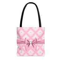 Tote Bag-Glam Pink Mauve Bow-White Damask Diamonds