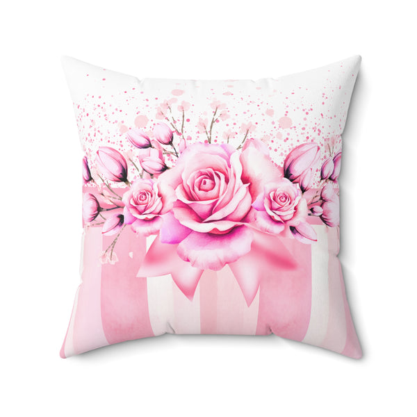 Square Pillow - Blush Ribbons & Roses - Glam Watercolor Floral Stripes