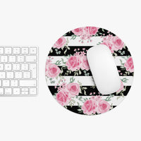 Mouse Pad-Pretty Pink Floral Roses-Black Stripes