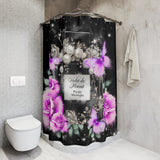 Shower Curtains - Purple Midnight Roses - Perfume Bottle Black