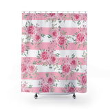 Shower Curtains-Pretty Pink Floral Roses-Pink Stripes