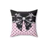 Black Satin Diamond Bow - Pink Polka Dots - Square Pillow