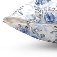 Square Pillow-Stormy Blue-Floral Stencil-White