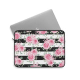 Laptop Sleeve-Pretty Pink Floral Roses-Black Stripes