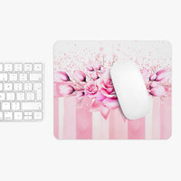 Mouse Pad -  Blush Ribbons & Roses - Glam Watercolor Floral Stripes