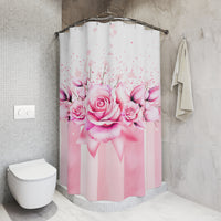 Shower Curtains - Blush Ribbons & Roses - Glam Watercolor Floral Stripes