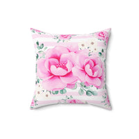 Square Pillow-Magenta Pink Floral-Pink Horizontal Stripes-White