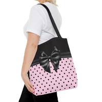 Tote Bag-Glam Black Bow-Soft Pink-Black Polka Dots