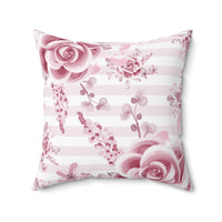Square Pillow-Soft Pink Floral Mauve-Horizontal Stripes-White
