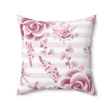 Square Pillow-Soft Pink Floral Mauve-Horizontal Stripes-White
