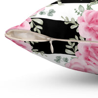 Square Pillow-Pretty Pink Floral Roses-Black Stripes