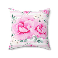 Square Pillow-Magenta Pink Floral-Pink Horizontal Stripes-White
