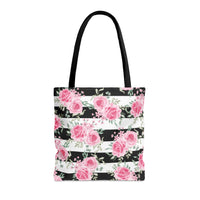 Tote Bag-Pretty Pink Floral Roses-Black Stripes