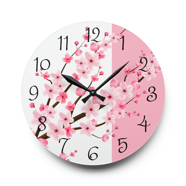 Acrylic Wall Clock-Pink Floral Blossoms-Pink & White