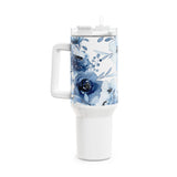 Glam Cup Tumbler, 40oz - Blue & White Floral Watercolor - White