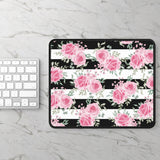 Mouse Pad-Pretty Pink Floral Roses-Black Stripes