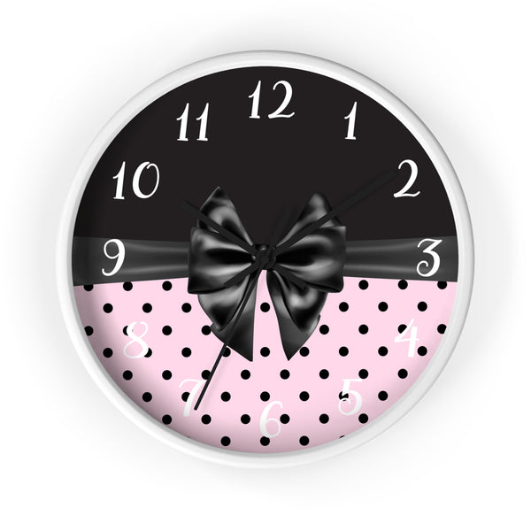 Wall Clock-Glam Black Bow-Soft Pink-Black Polka Dots