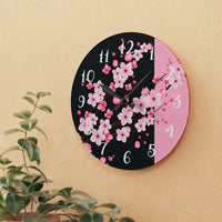 Acrylic Wall Clock-Pink Floral Blossoms-Pink & Black