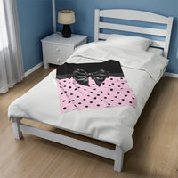 Velveteen Plush Blanket-Glam Black Bow-Soft Pink-Black Polka Dots
