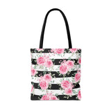 Tote Bag-Pretty Pink Floral Roses-Black Stripes