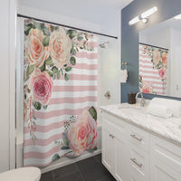 Shower Curtains-Pink Cream Floral Dream-Stripes