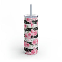 Skinny Tumbler, 20oz-Pretty Pink Floral Roses-Black Stripes