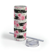 Skinny Tumbler, 20oz-Pretty Pink Floral Roses-Black Stripes