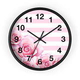 Pink Stripes Floral Roses - Wall Clock