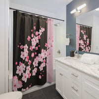 Shower Curtains-Pink Floral Blossoms-Black & Pink