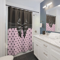 Shower Curtains-Glam Black Bow-Soft Pink-Black Polka Dots