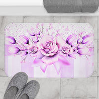 Bath Mat - Lavender Ribbons & Roses - Glam Watercolor Floral Stripes
