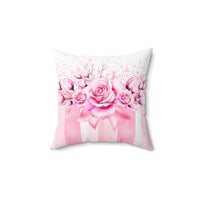 Square Pillow - Blush Ribbons & Roses - Glam Watercolor Floral Stripes