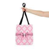 Tote Bag-Glam Pink Mauve Bow-White Damask Diamonds