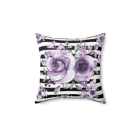 Square Pillow-Soft Purple Floral-Black Horizontal Stripes-White