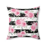 Pretty Pink Roses - Black Stripes - Square Pillow