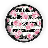 Pretty Pink Roses -Black Stripes - Wall Clock
