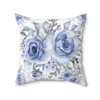 Square Pillow-Stormy Blue-Floral Stencil-White