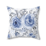 Square Pillow-Stormy Blue-Floral Stencil-White