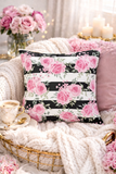 Pretty Pink Roses - Black Stripes - Square Pillow