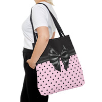 Tote Bag-Glam Black Bow-Soft Pink-Black Polka Dots