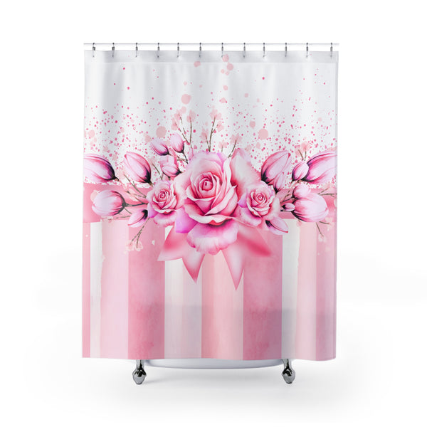 Shower Curtains - Blush Ribbons & Roses - Glam Watercolor Floral Stripes