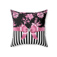 Square Pillow-Glam Pink Bow-Pink Stencil-Black White Pinstripes