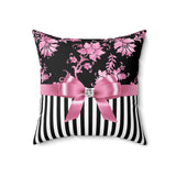 Square Pillow-Glam Pink Bow-Pink Stencil-Black White Pinstripes