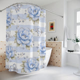 Powder Blue Sugar Blossom Stripes - Shower Curtains