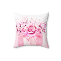 Square Pillow - Blush Ribbons & Roses - Glam Watercolor Floral Stripes