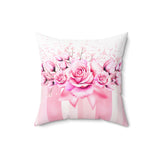 Square Pillow - Blush Ribbons & Roses - Glam Watercolor Floral Stripes