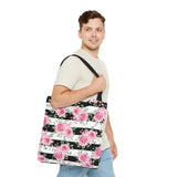 Tote Bag-Pretty Pink Floral Roses-Black Stripes