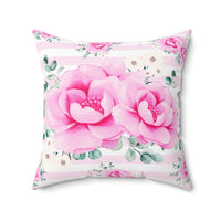 Square Pillow-Magenta Pink Floral-Pink Horizontal Stripes-White
