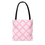 Tote Bag-Glam Pink Mauve Bow-White Damask Diamonds